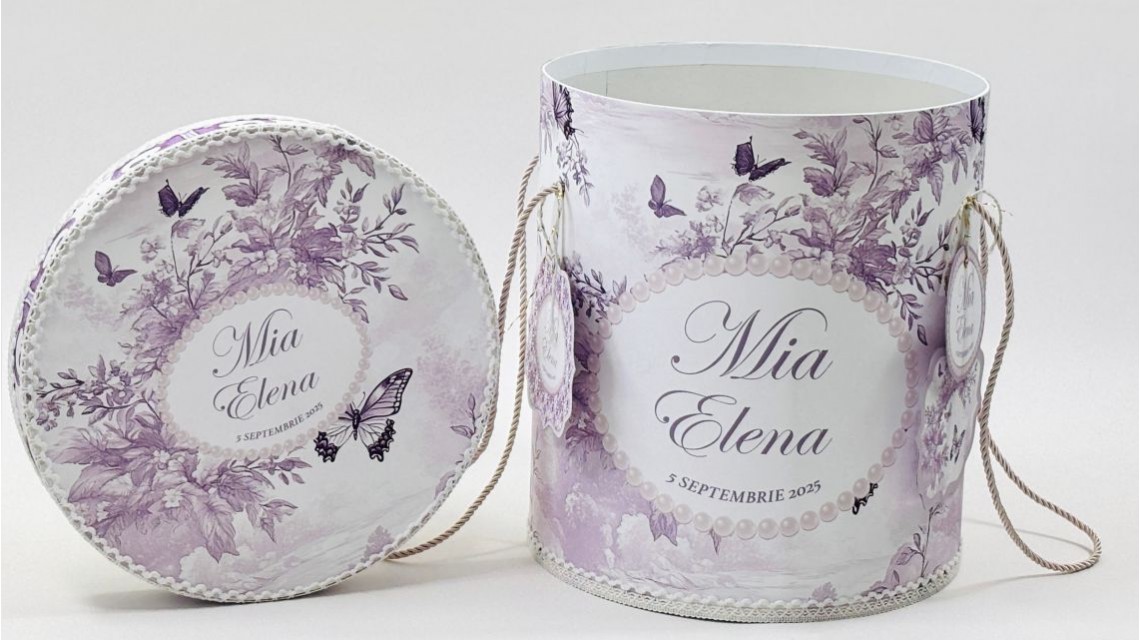Trusou botez Purple Toile cu fluturi și flori mov personalizat 18